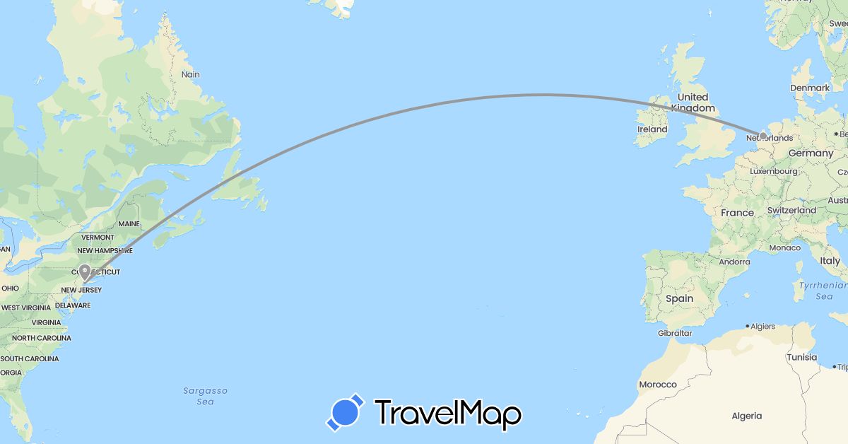 TravelMap itinerary: driving, plane in Netherlands, United States (Europe, North America)