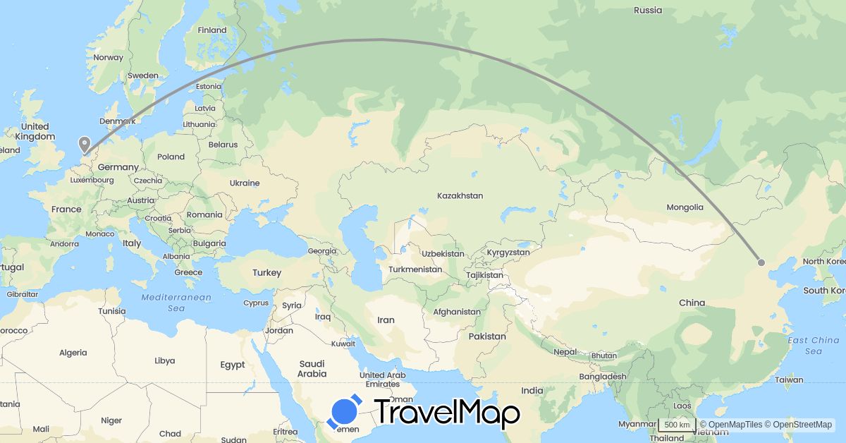 TravelMap itinerary: driving, plane in China, Netherlands (Asia, Europe)